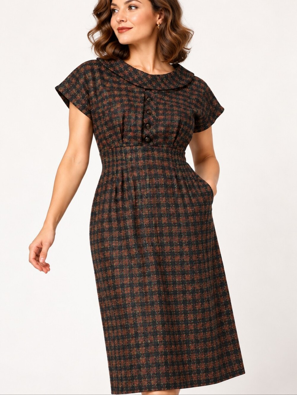 Vintage 1950s Handmade Brown Plaid Tweed Sheath Dress Rockabilly Mid Century
